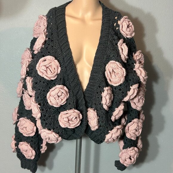 Handmade 3D Rose Bloom Chunky Crochet Jacket Luxe Statement Piece L-XL - Picture 2 of 7